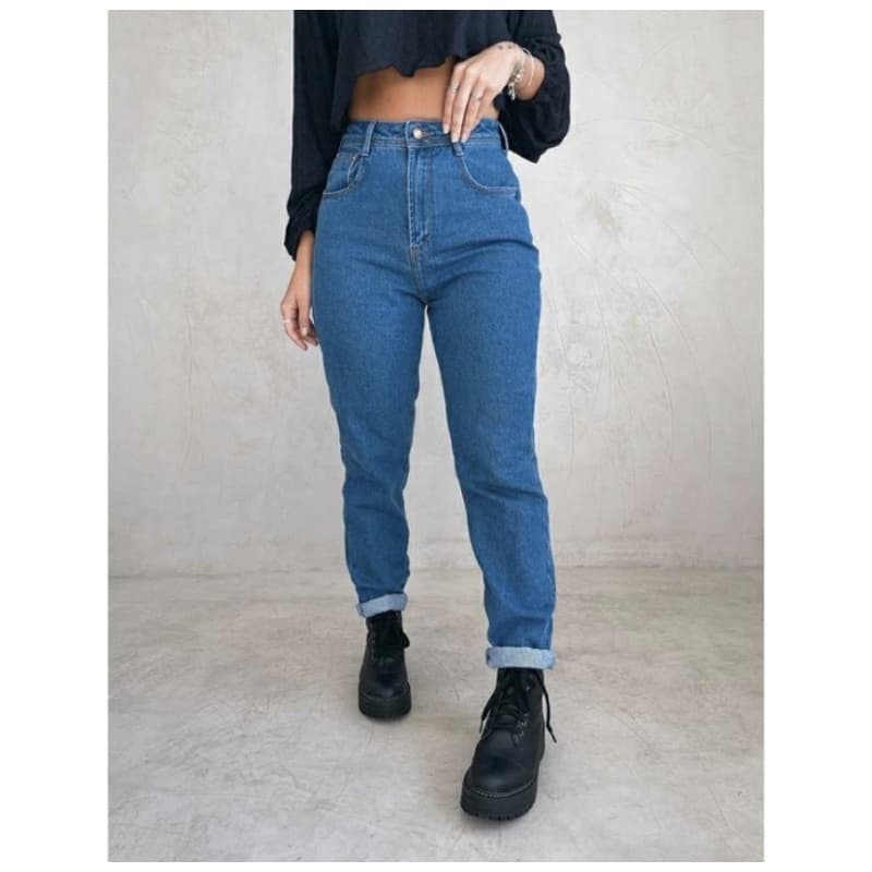 Calça mom jeans feminina vintage barrinha dobrada