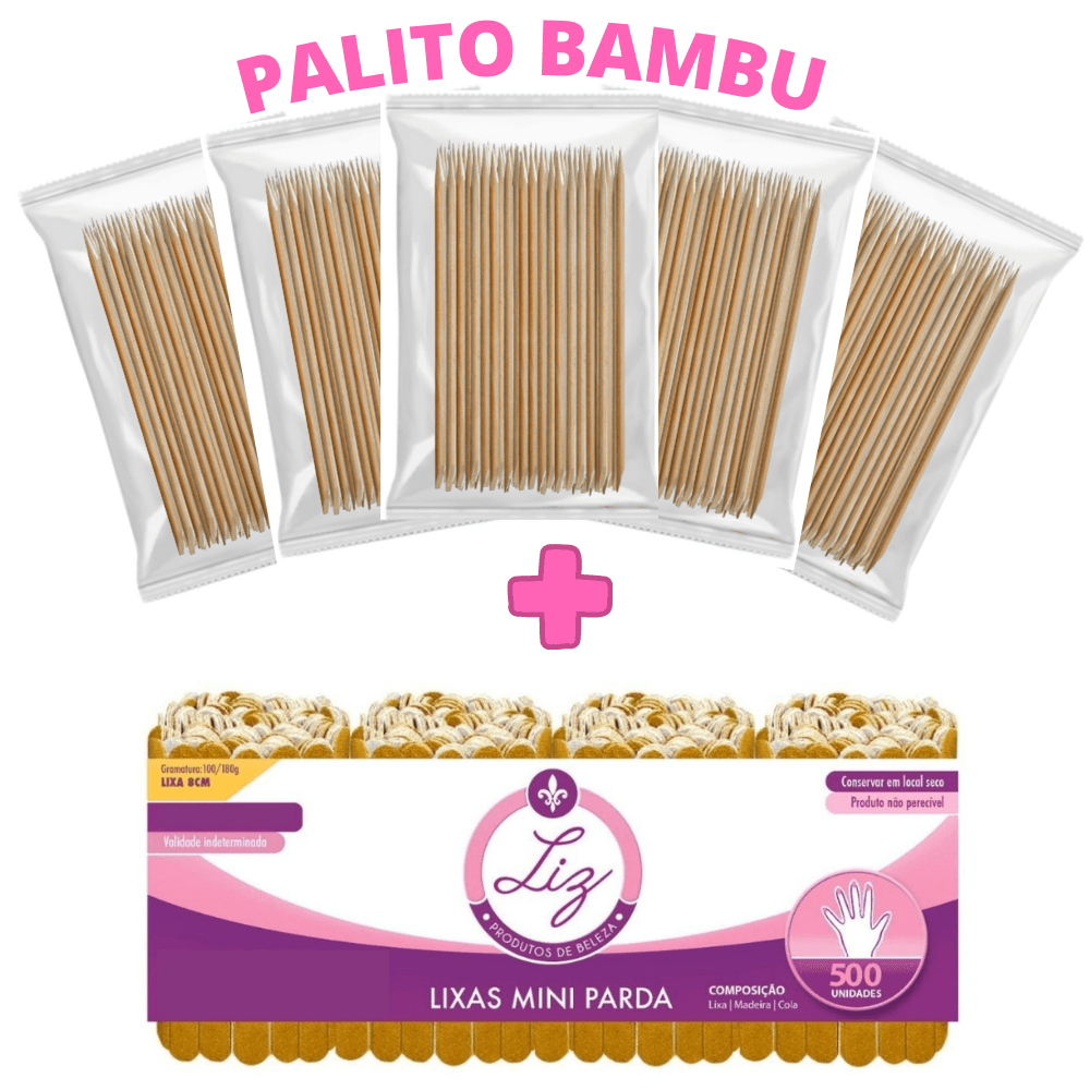 Kit 500 Mini Lixas parda + 500 palitos bambu ponta e chanfro Liz Produto de Beleza | PREMIUM
