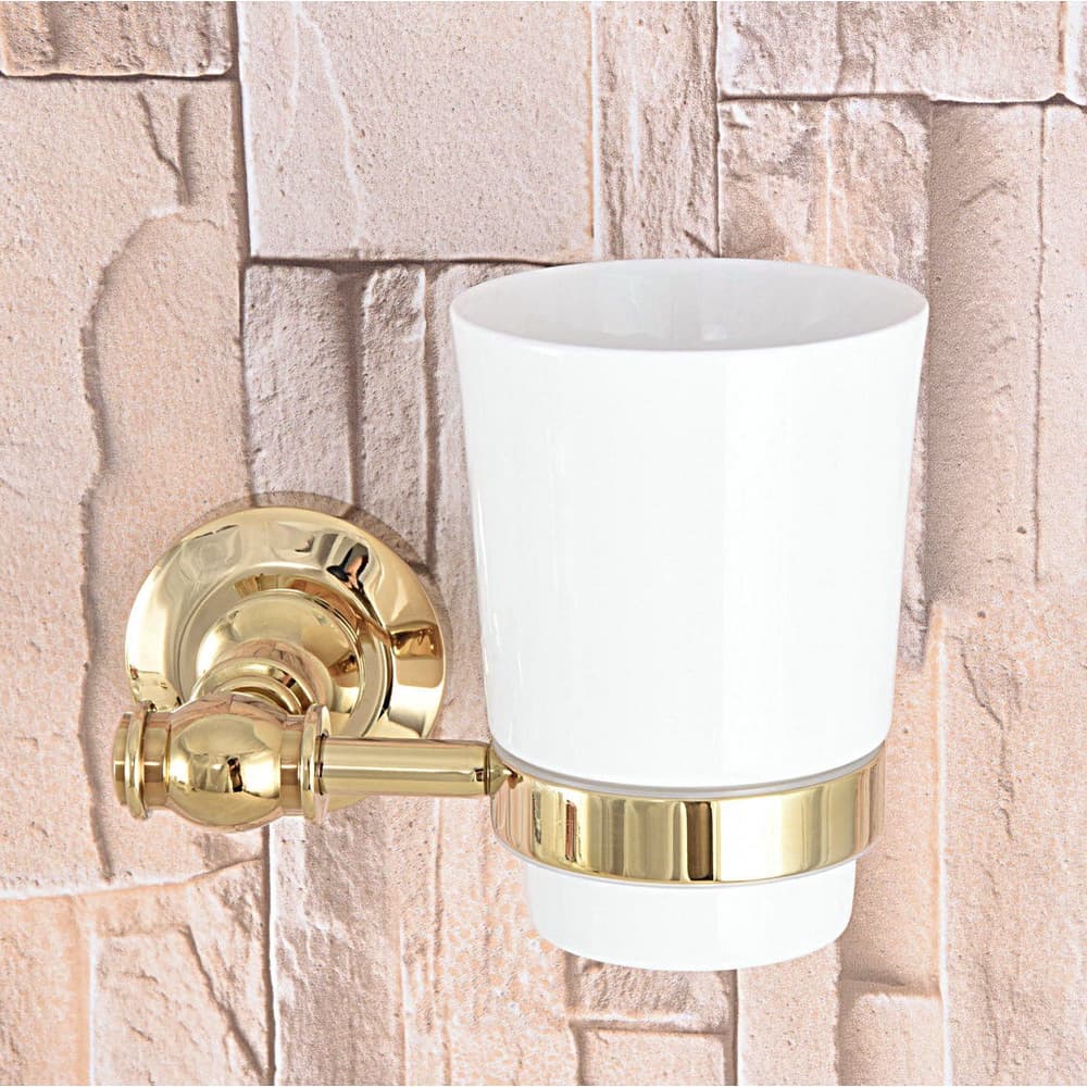 Luxo Dourado Latão Fixado Na Parede Do Banheiro Único Suporte De Copo Conjunto De Ferragem Rack Com Um Cerâmica 2ba310
