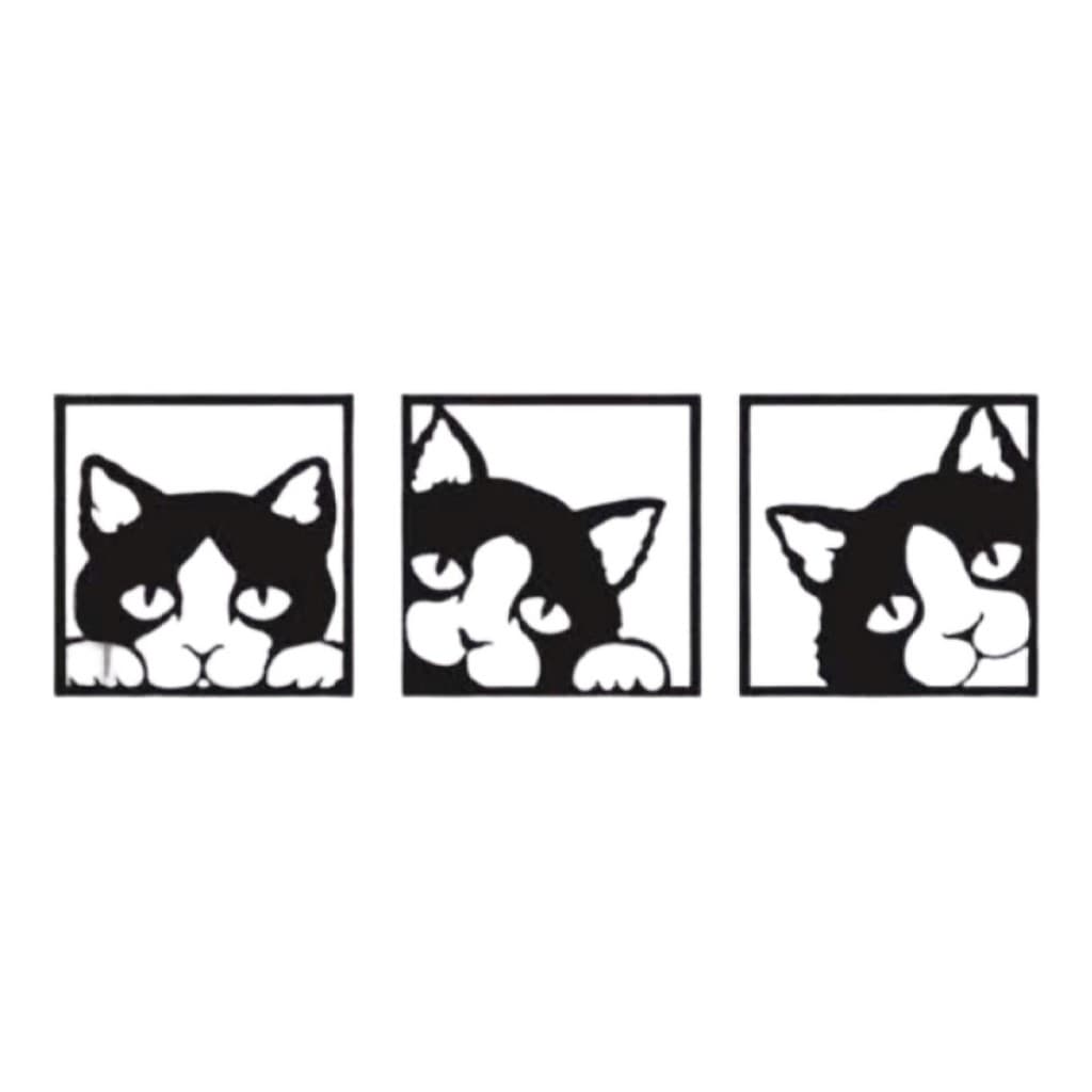 Quadros Decorativo Gatos 3 Peças Madeira Preta Mdf 40CM