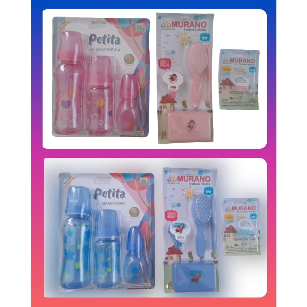 Kit 8 Peças - Mamadeira Petita + Chupeta + Kit Banho Murano Bebês Menino