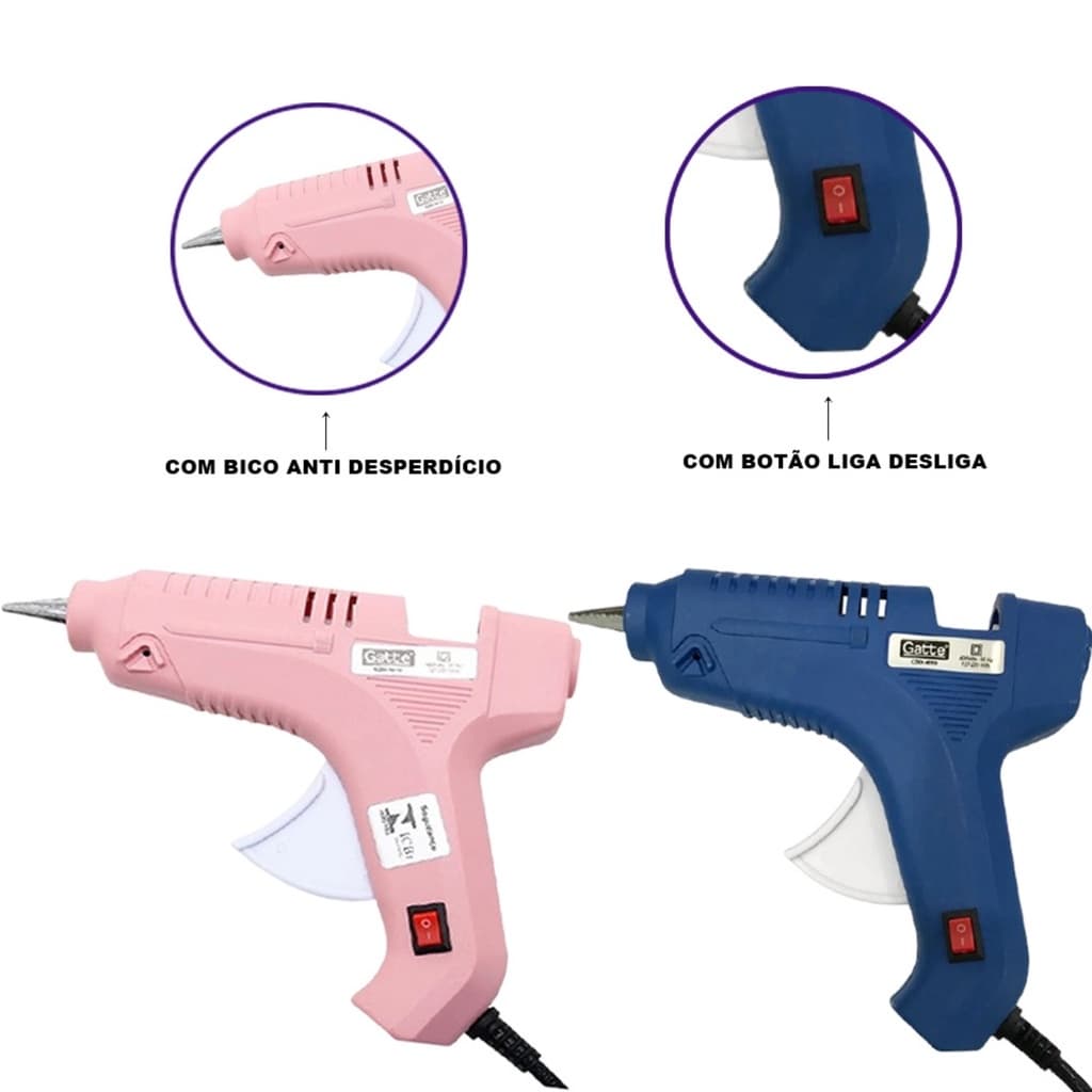 Pistola 40W p/Cola Quente Grande GATTE  Azul ou Rosa  c/Botão ON/OFF