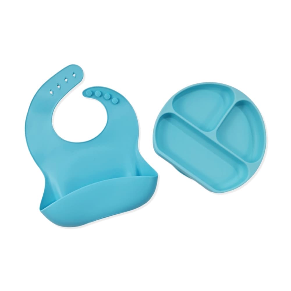 Kit Alimentação Babador + Prato de Silicone - Azul - Ganhe Colher de Silicone