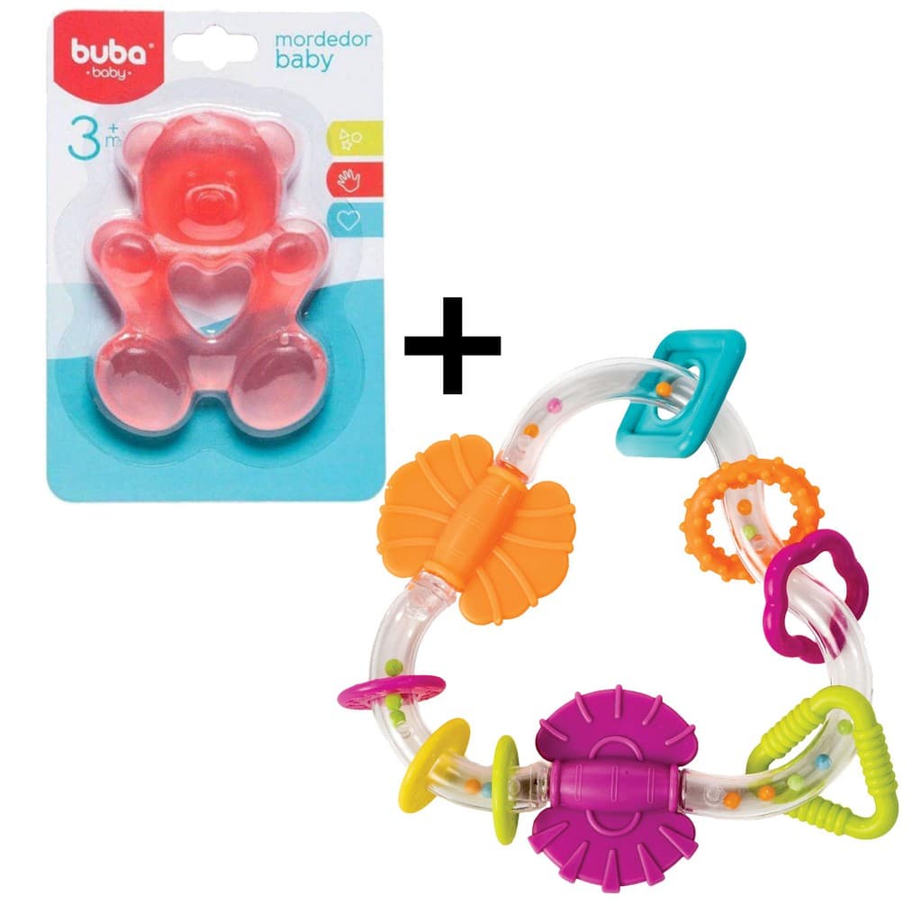 Kit Chocalho De Atividades e Mordedor Ursinho Urso Rosa Menina Mordedores bebê Infantil Buba