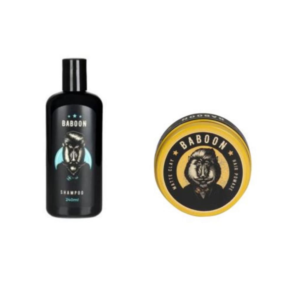 KIT BABOON SHAMPOO 240 ML + POMADA MATTE CLAY EFEITO SECO 80 GR CUIDADOS CABELO MASCULINO