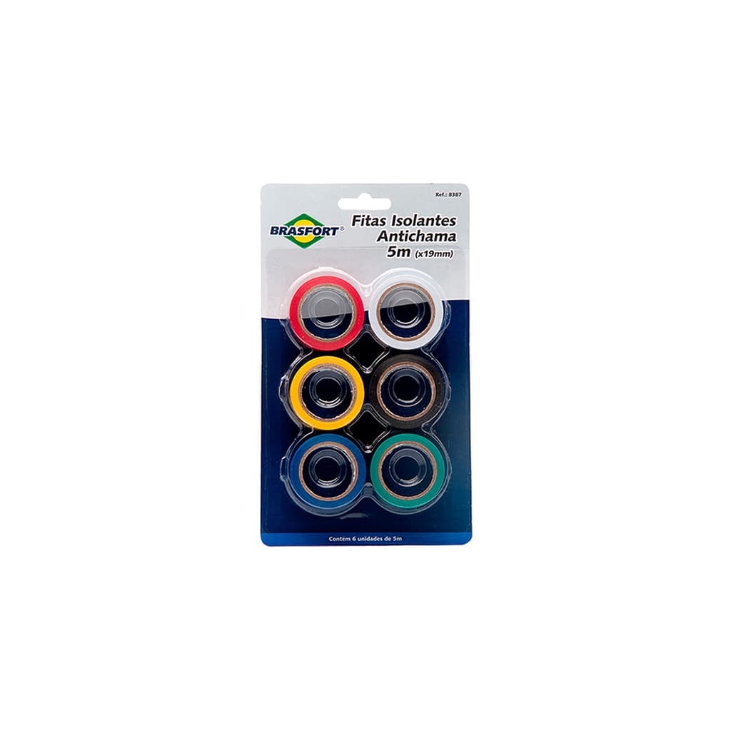 Fita Isolante Colorida 5 Metros Kit com 6 Fitas em Amarelo, Verde, Vermelho, Azul, Branco e Preto Brasfort Antichama