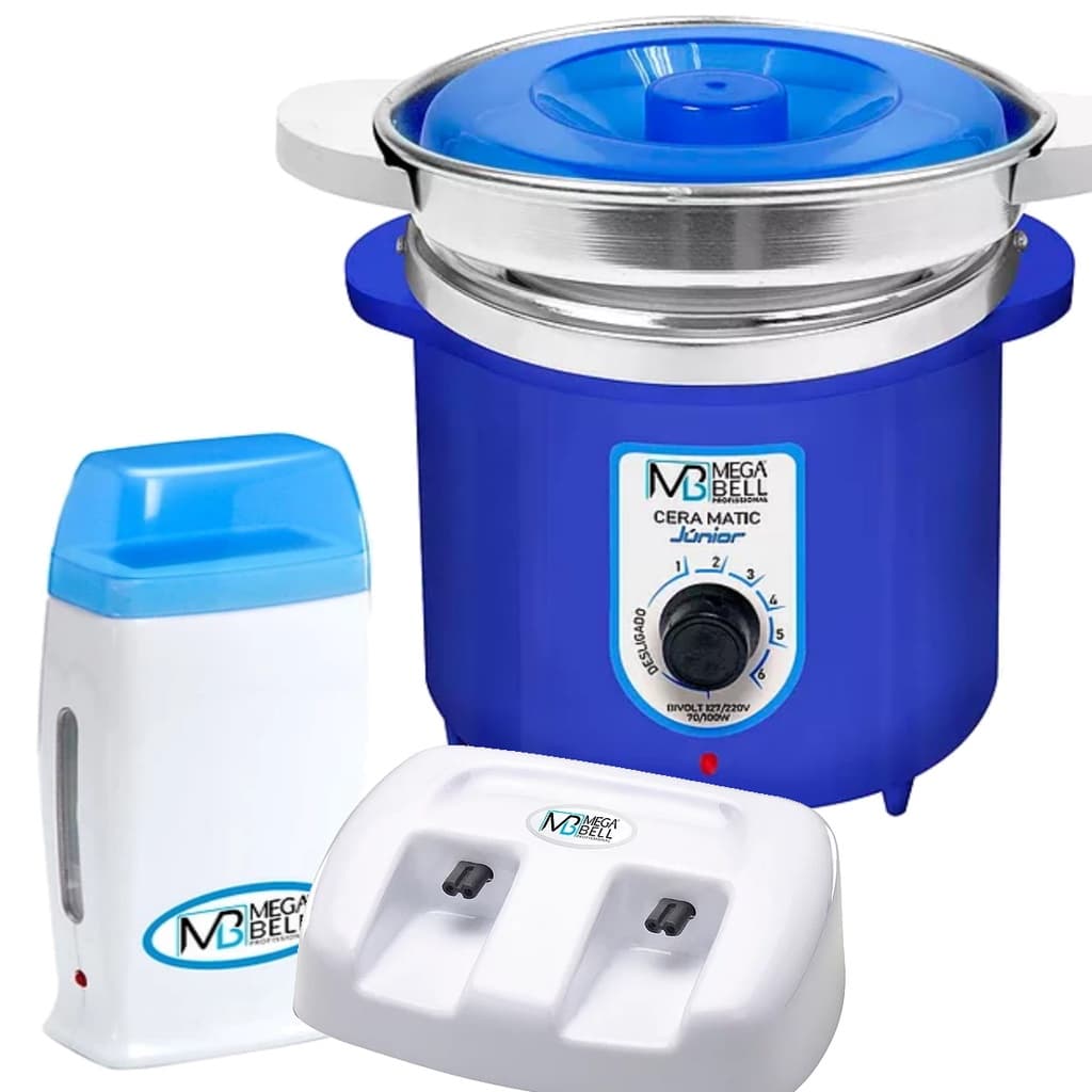 Termocera Panela Depilação Toda Azul 400g c/ Refil + Base Dupla c/ 1 Rollon Branco c/ Azul Mega Bell