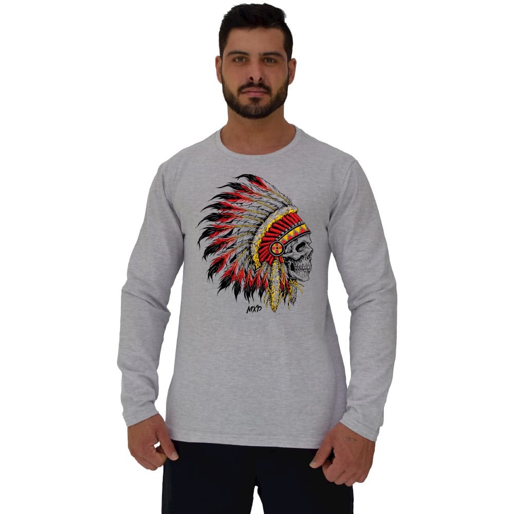 Camiseta Manga Longa Moletinho Masculina MXD Conceito Casual Cocar Skull