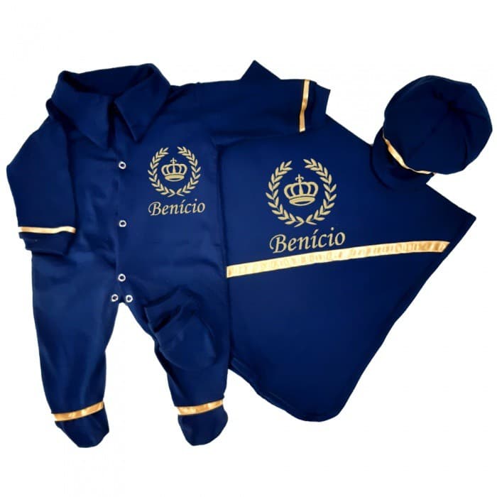 Saída de Maternidade Menino Azul Marinho com Dourado Coroa Real bordado com o nome do Bebê