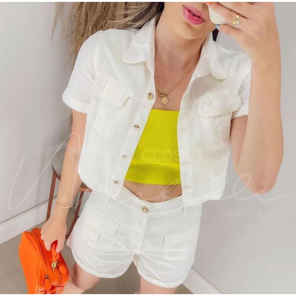 Conjunto Jeans Com Lycra Feminina Blusa Manga Curta Gola Botão Short