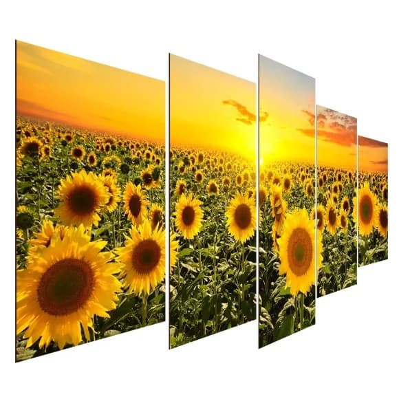Promoção Quadros Decorativos Amanhecer Campo De Girassol Mosaico 5 Peças