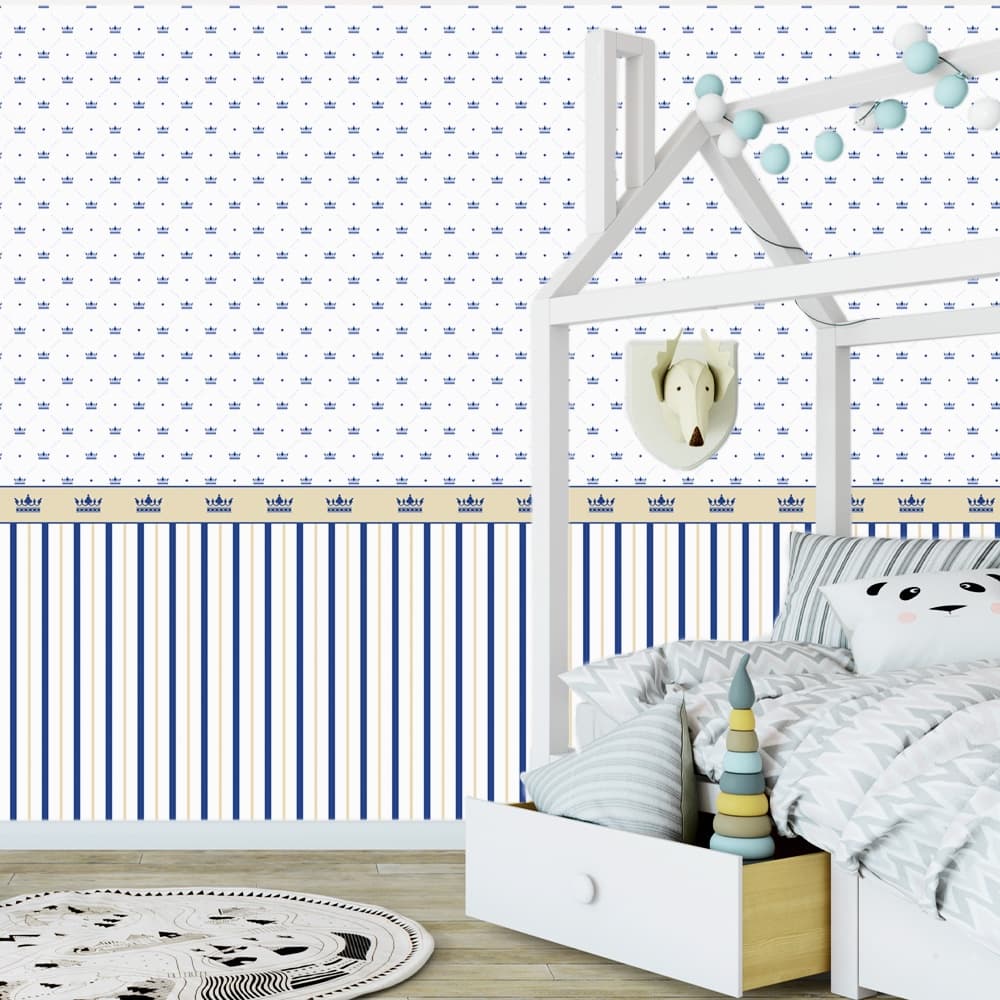 Papel de Parede Adesivo Baby Coroa E Listras Azuis Marinho 3mx50cm