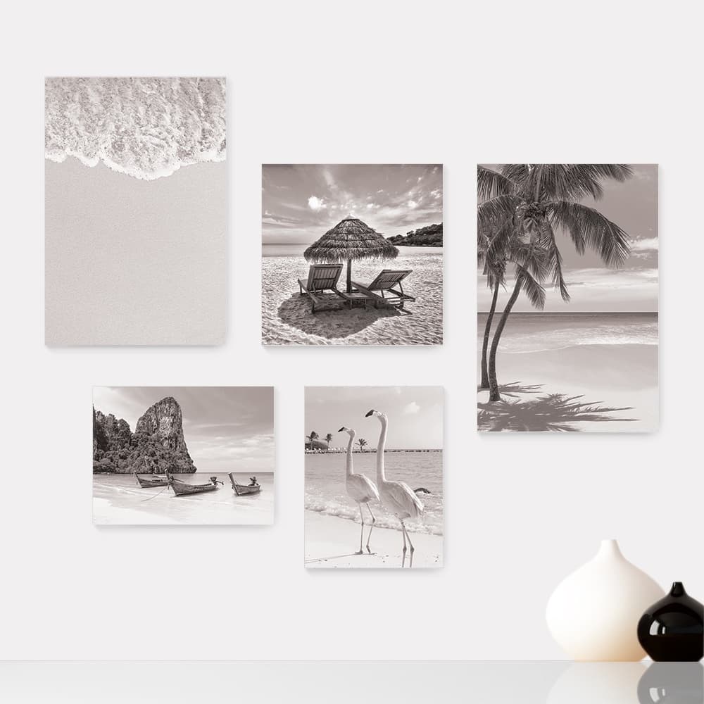 Kit 5 Quadros Decorativos Placas - Praia Mar Natureza Paisagem Mundo Casa Quarto Sala Preto e Branco - 349ktpl5