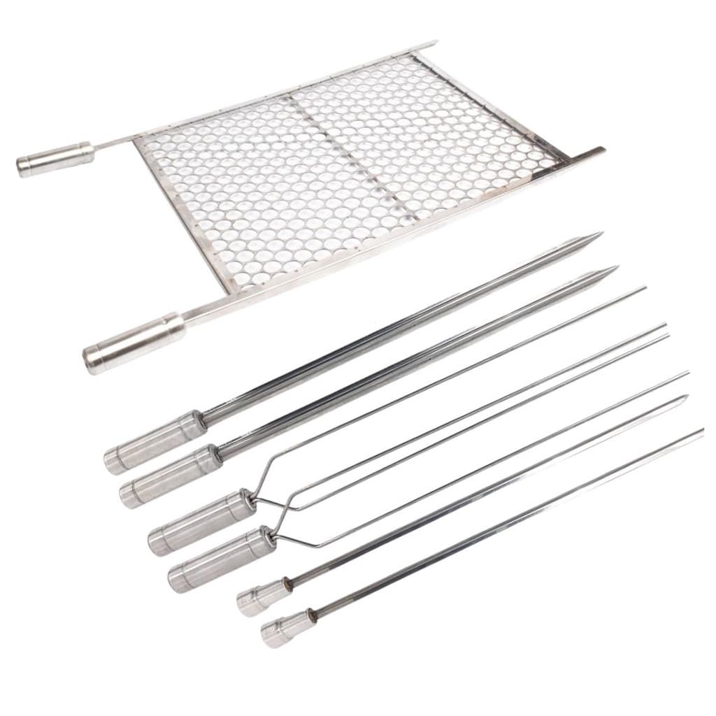 Kit Grelha Moeda Inox 70x60 + 6 Espetos Coração Espada Duplo