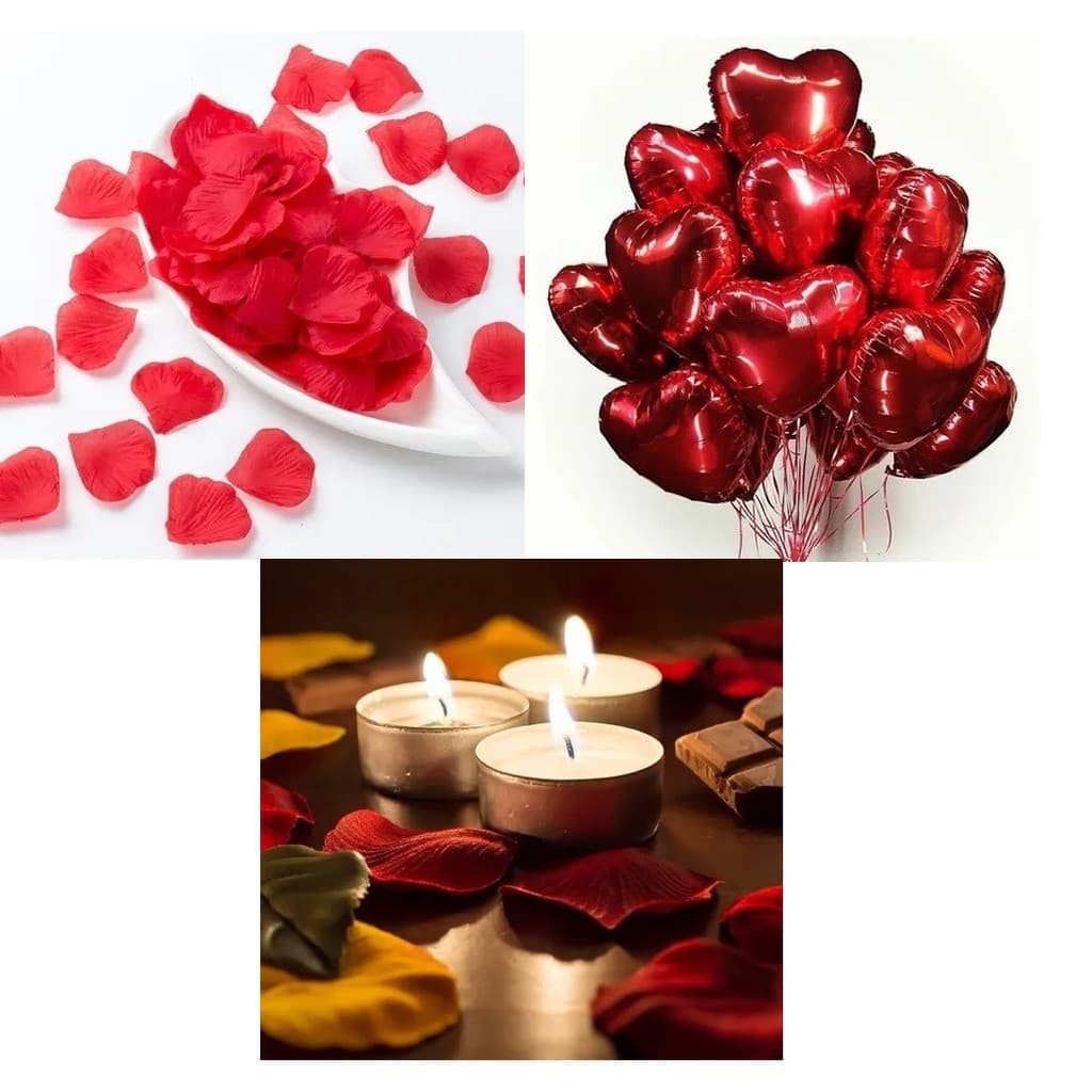 Kit Romântico dia dos Namorados 200 Pétalas Artificiais + 4 Velas + 4 Balões Coração 45cm + Canudo
