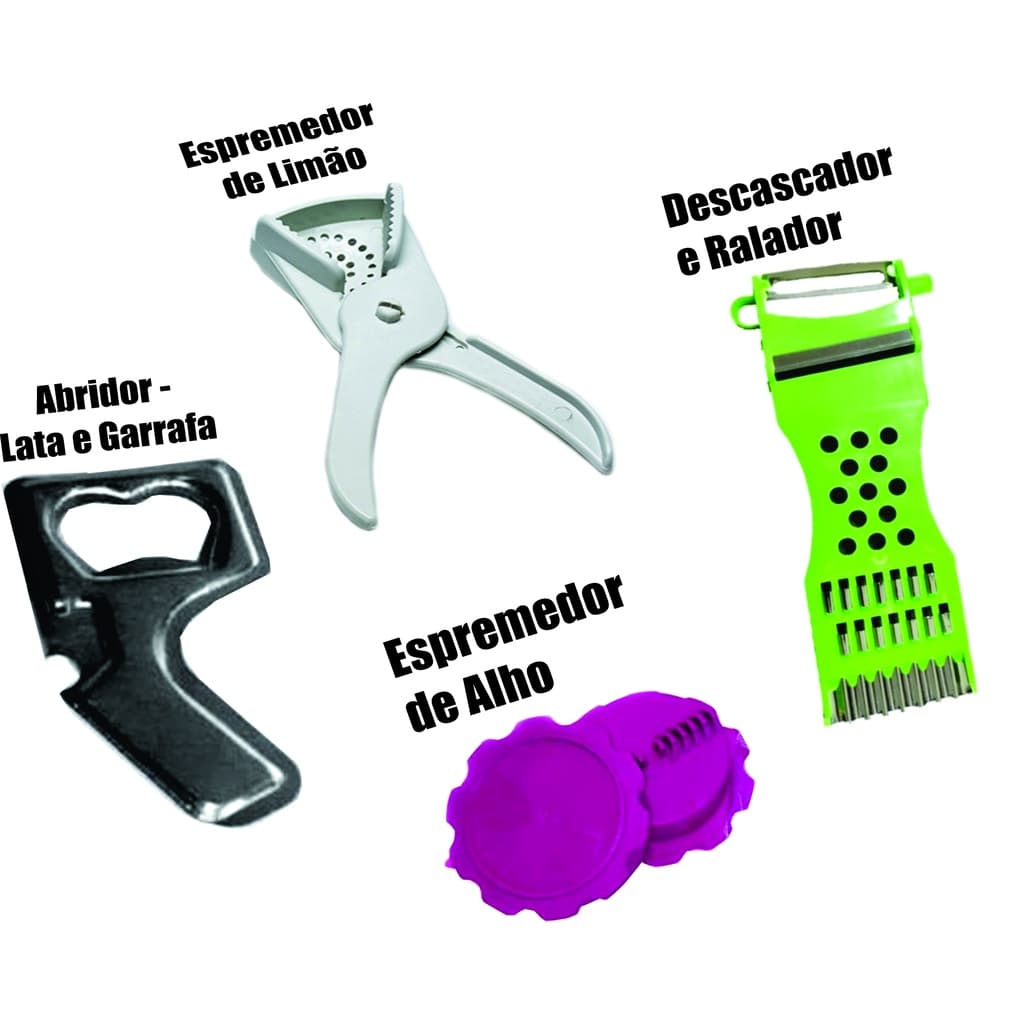 KIT ABRIDOR DE LATA E GARRAFA / DESCASCADOR E RALADOR / ESPREMEDOR DE LIMÃO / TRITURADOR DE ALHO