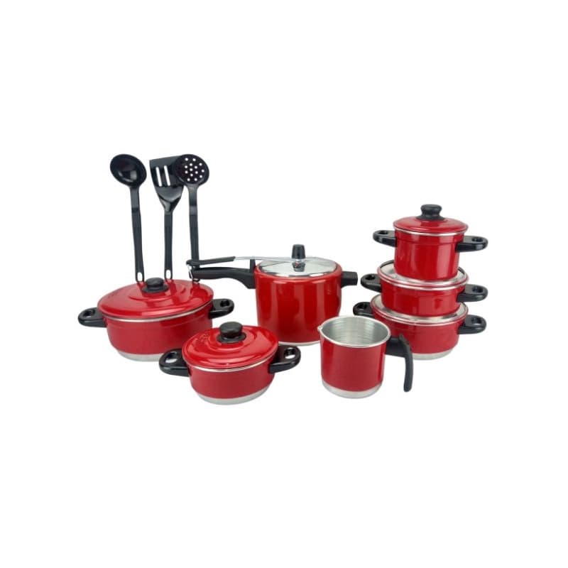 jogo de panela vermelho + panela de pressão 4.5L + talheres