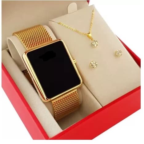 Relógio Feminino Digital Led Quadrado Dourado e Rose 3453