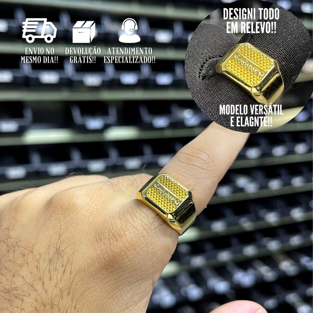 Anel Masculino De Ouro Placa Garimpo De Ouro Banhado a Ouro 24k Dedeira Versátil