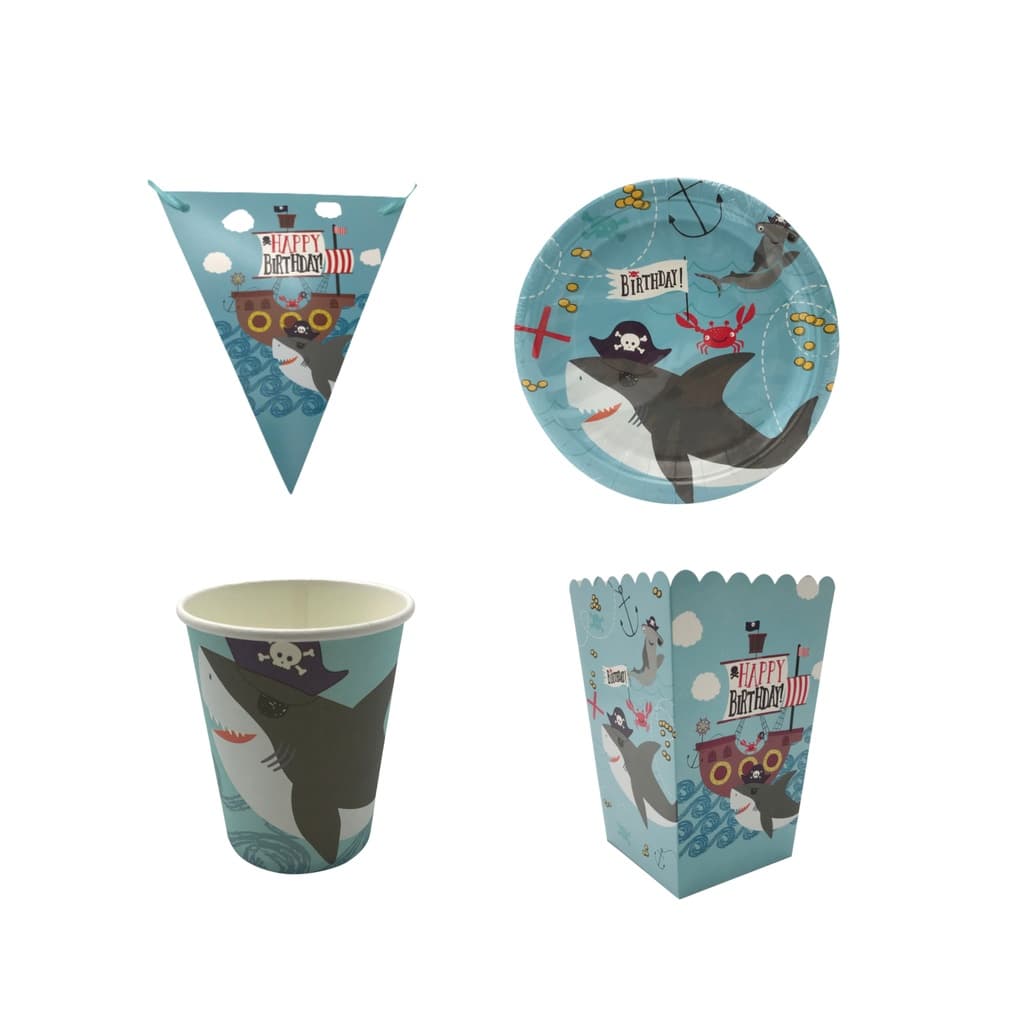 Kit Festa Tubarão Pirata Baby Prato Copo Faixa Cachepot papel ecológico Aniversário Decoração