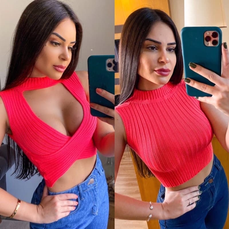 Cropped modal 2 em 1 com gola alta, decote e sem manga, blusa feminina