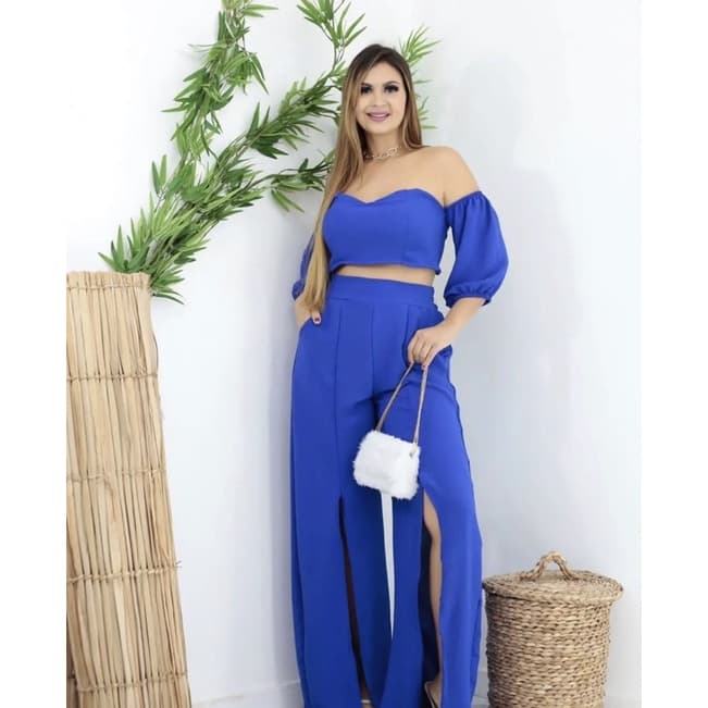 Conjunto feminino calça pantalona e cropped ciganinha estilo chique básico