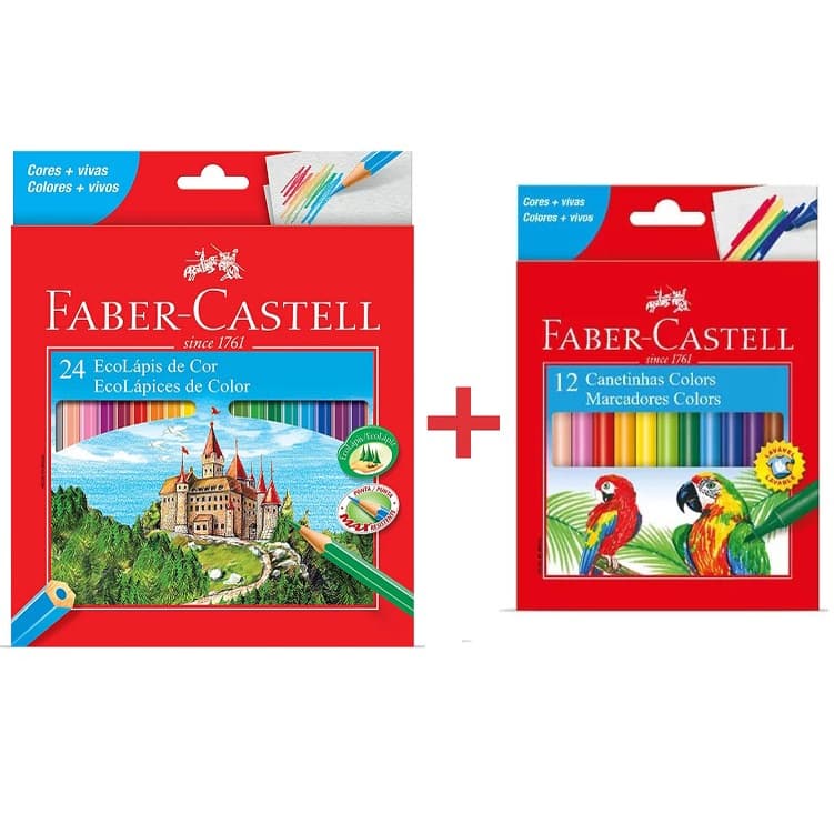 Kit Lápis De Cor Faber Castell 24 Cores com Canetinha Hidrográfica 12 Cores Faber Castell
