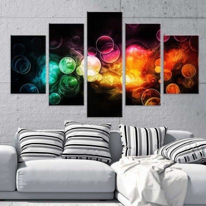 Quadro painel decorativo mosaico 5 peças bolhas coloridas circulos decoração