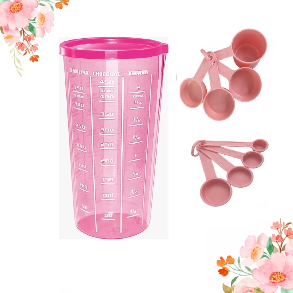 Medidores kit Medida 9 peças Rosa Com tampa (4 Xícaras, 4 Colheres, Copo Graduado com tampa)