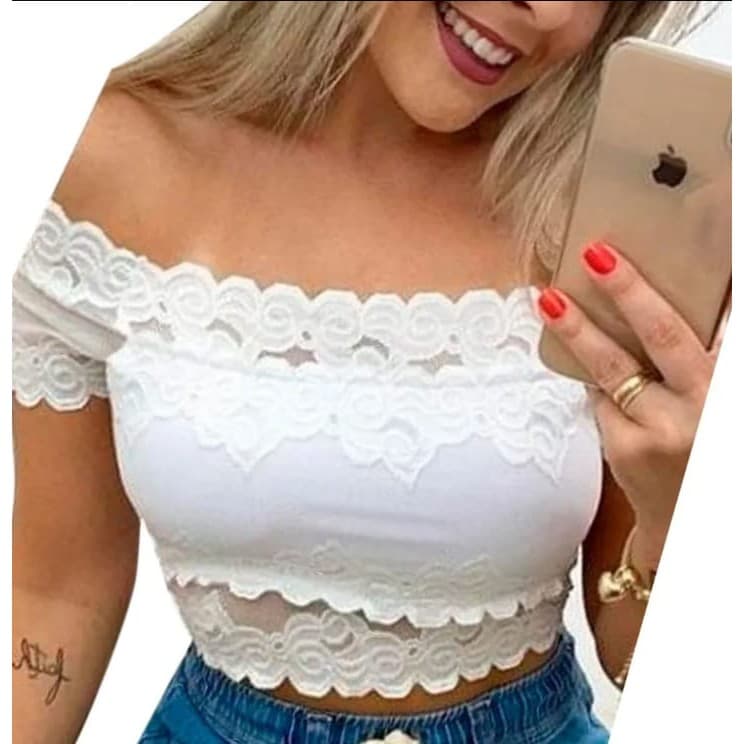 Cropped Ciganinha Ombro a Ombro Top Manga Curta Blusinha Renda com Bojo Tendência