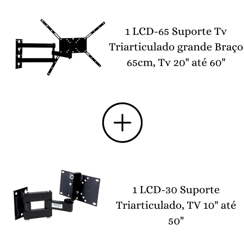 COMBO 1 suporte triarticulado braço longo  de 65cm para tv 20"ate 60" + 1 suporte triarticulado para tv até 50"