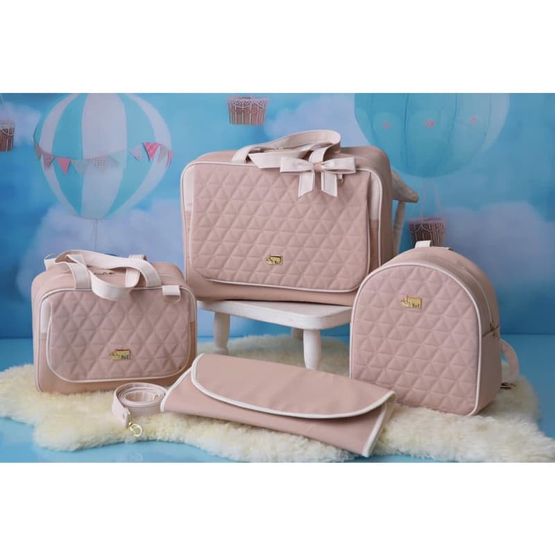 Kit Maternidade Aba Mala 4 Peças Bolsa Grande Mochila Bordada e Trocador