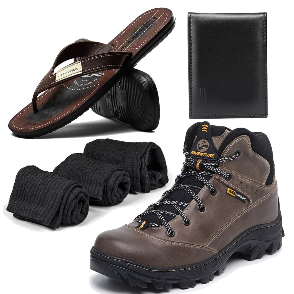 Kit Bota Couro Adventure Trace Marrom com Chinelo Carteira e 3 meias Masculino