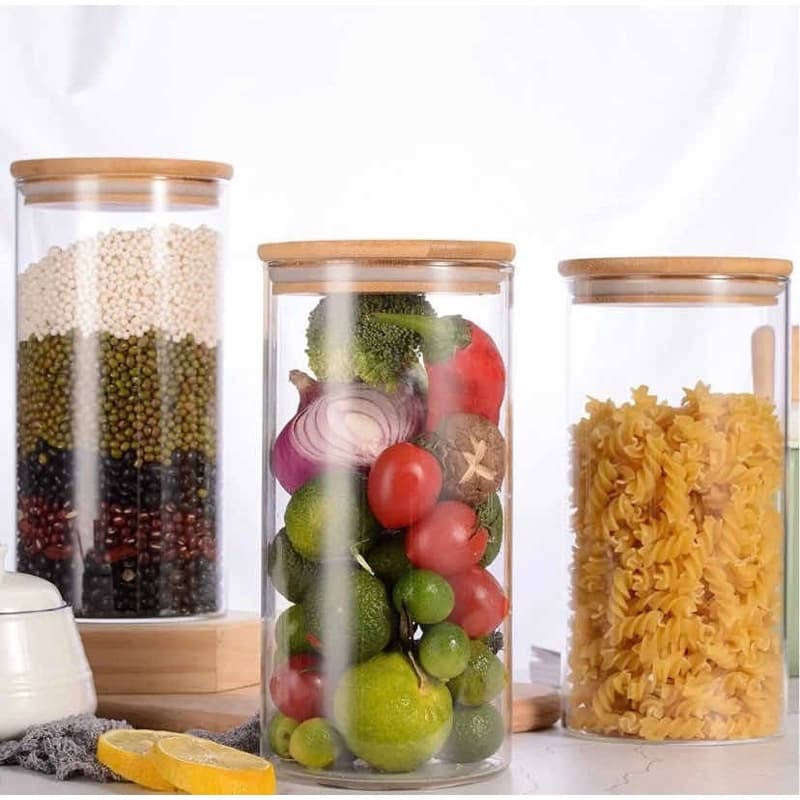 Kit Conjunto 3 Potes De Vidro hermético 1000ml Tampa de Bambu