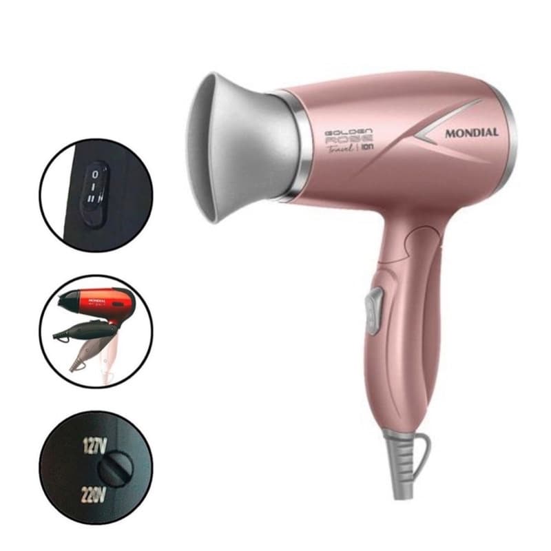 Secador de Cabelo Mondial Rose Gold Travel SC-47 Mini Dobravel Bivolt