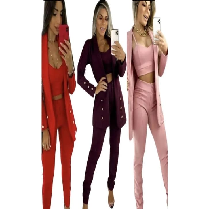 Conjunto Social Neoprene Blazer, Calça E Top