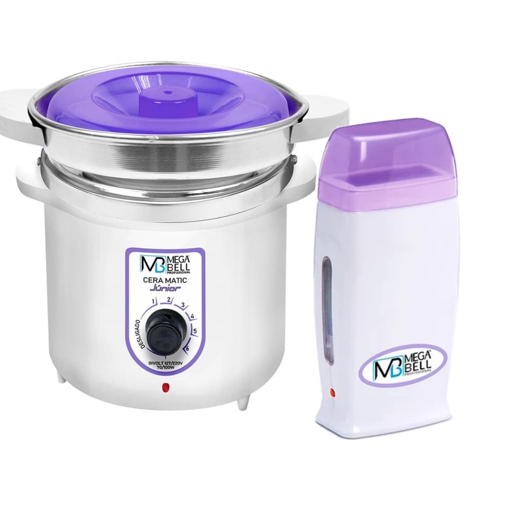 Kit Depilação Termocera 400gr Com Refil Branca Com Lilás + Aquecedor de Cera Roll-on Lilás Mega Bell