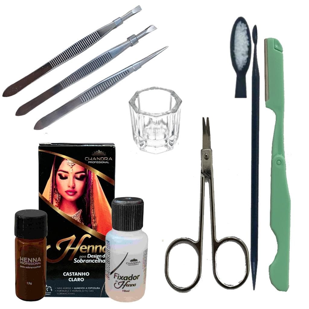 Kit Design Sobrancelha Henna Chandra Com Fixador Rena Palito 3 Pinca Tesoura Navalha Dappen