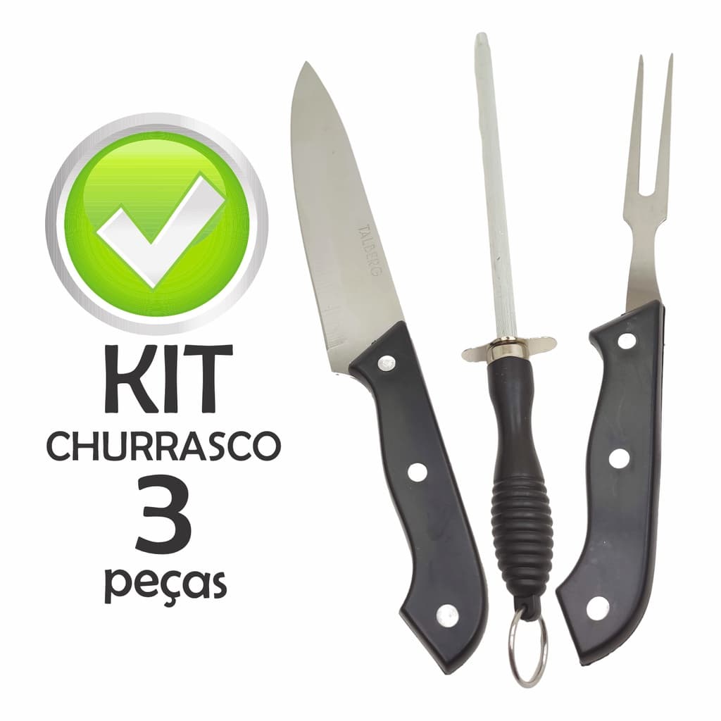 Kit Churrasco Faca De Corte Garfo Trinchante Chaira Amolador Afiador em Aço Inox 3 Peças Preto
