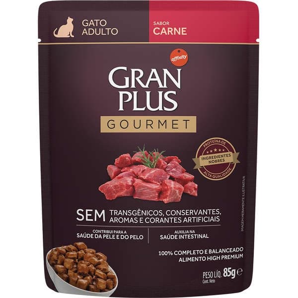 Sache Ração Úmida Gran Plus Sachê Gourmet Carne para Gatos Adultos caixa com 18 unidades