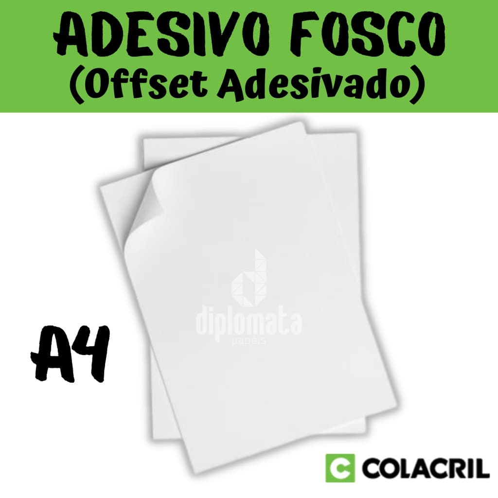 Papel Adesivo Fosco Colacril 173g / 180g A4 (Offset Branco Adesivado) Etiqueta Adesiva p/ Impressão Jato de Tinta Laser