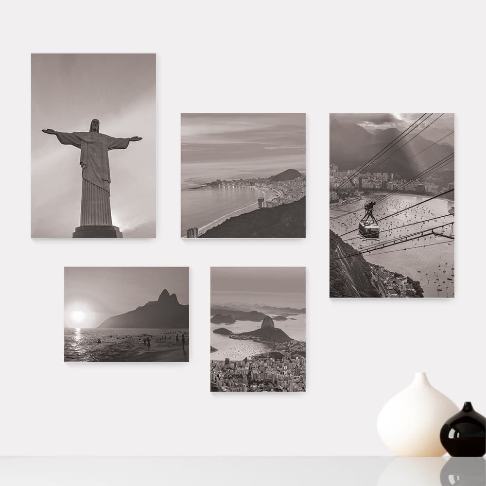Kit 5 Quadros Decorativos Placas - Rio de Janeiro Cristo Corcovado Viagem Preto e Branco Mundo Casa Quarto Sala - 361ktpl5