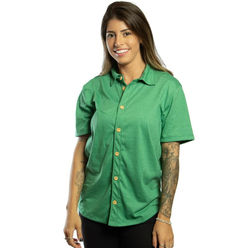 Camisa Camisete Feminino Com Botão Malha Sustentavel Verão Estilo Chamise