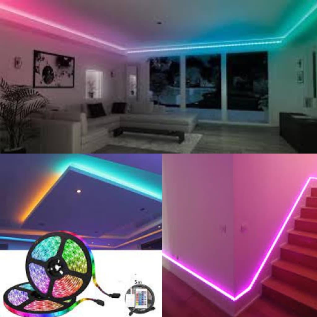 Kit Fita LED RGB 5050 Rolo 5 Metros Flexível Com Fonte E Controle Remoto Decoração Sala Quarto Natal