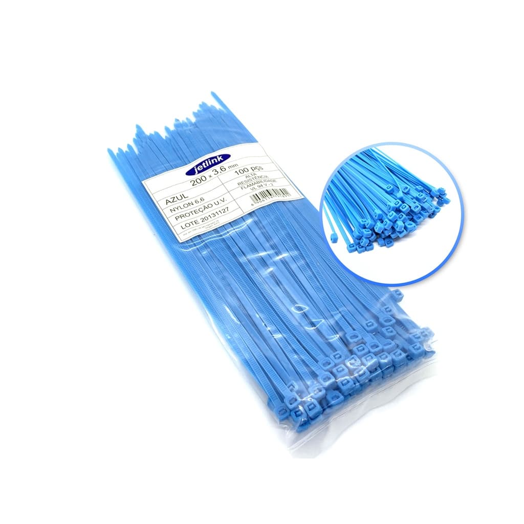 Kit Abraçadeiras de Fixação Nylon Cinta Plástica 100 Un 3,6 Mm X 200 Mm Azul