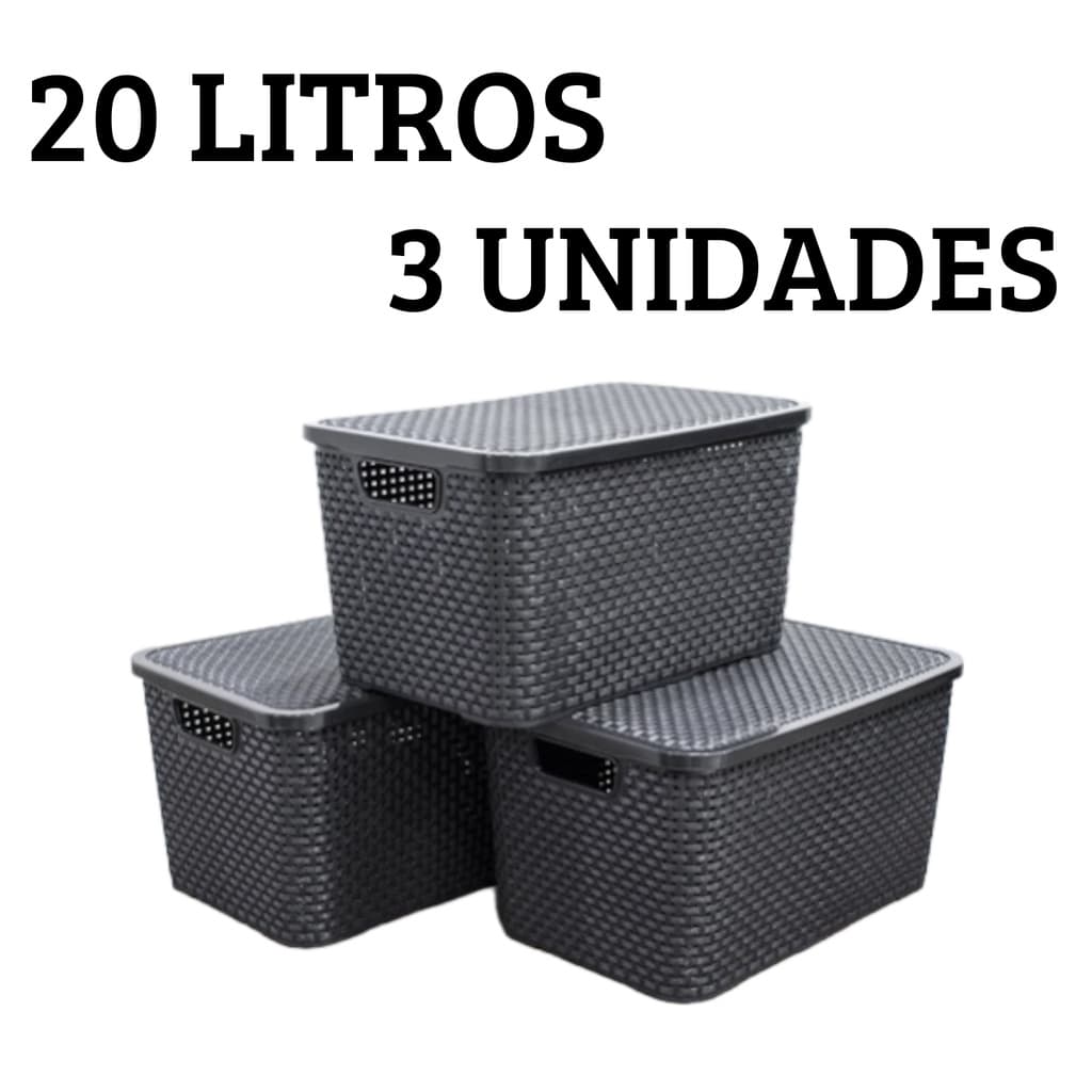 Kit 3 Caixas Organizadoras Cesto Multiuso Rattan 20 Litros Com Tampa Preto Empilhavel