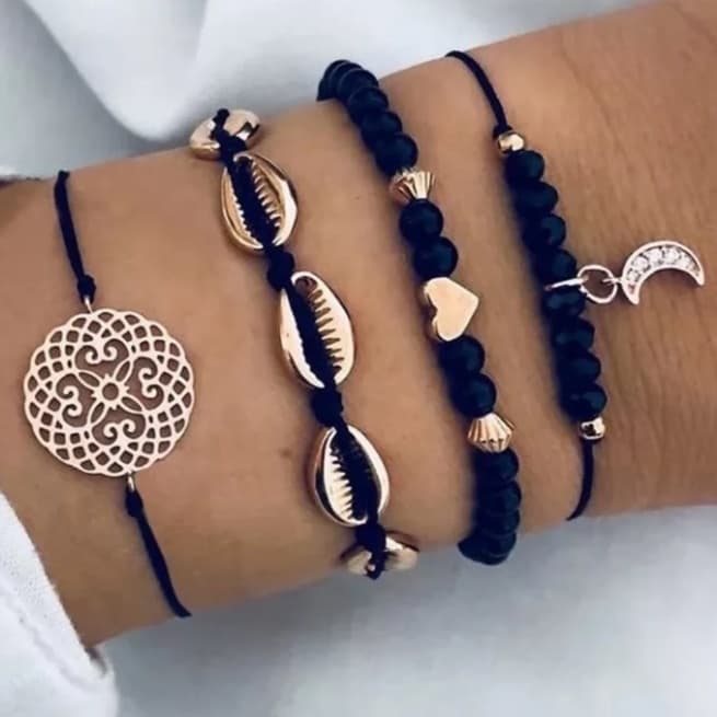 Kit 4 Pulseiras Coração Lua Azul Conjunto Conchas R3335