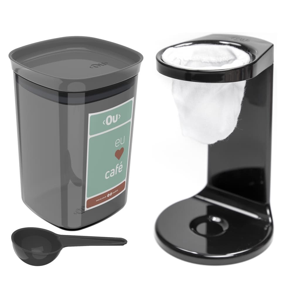 Kit Passador De Café Coador Mini Cafézinho C/ 1 Refil Pote Hermético 900ml Porta Condimento Colher Preto - Ou