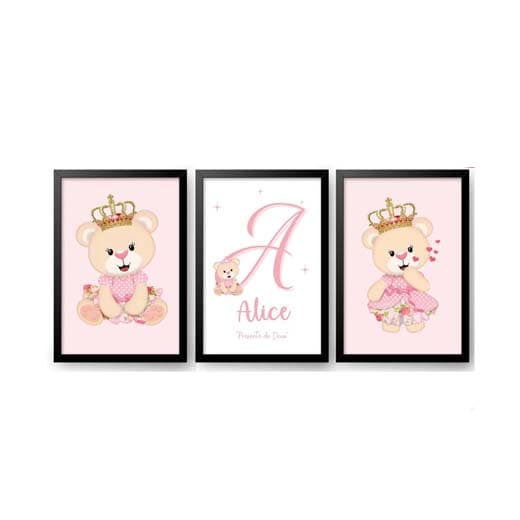 Kit Com 3 Quadros Decorativos Do Tema Ursinha Princesa Personalizado Nome Menina Infantil Criança