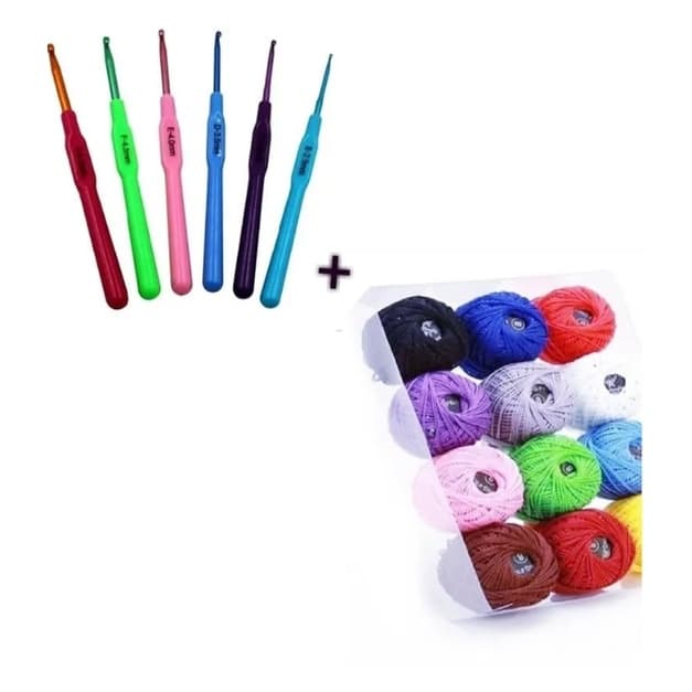 Kit Com 06 Agulhas + Kit Com 12 Linhas De Crochê